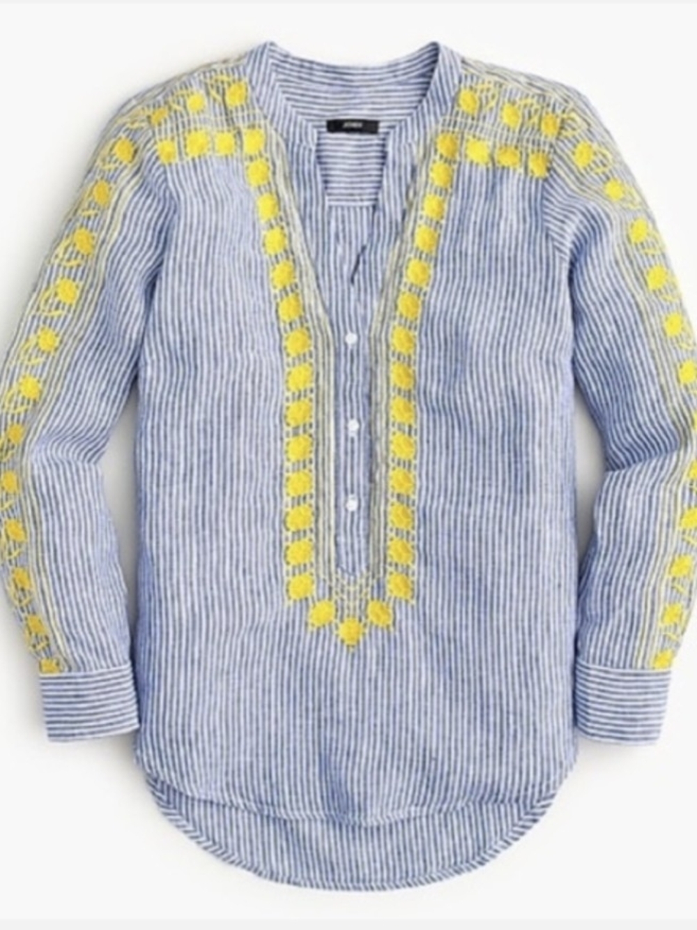 J. Crew Blue-and-White Striped Tunic with Yellow Embroidery